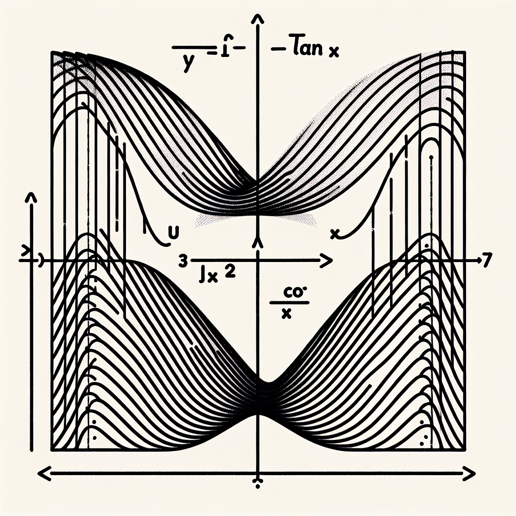 Illustrate an abstract educational image with two segments, each corresponding to a specific mathematical question. The first segment features a simple cosinusoidal wave gently curving up and down, intersecting the x-axis at multiple points - depicting the function f(x)=cos x, while the second segment includes a depiction of the function y= tan x, represented as a series of waves with vertical asymptotes.