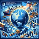 An image illustrating the concept of United States participation in the global economy, symbolized by elements such as globe, ships, and trucks for trade, alongside the World Trade Organization logo. A concurrent scene showcases the American Recovery and Reinvestment Act through the depiction of construction workers of various descents and genders working on road and airport projects, thus representing job creation through infrastructure improvement.