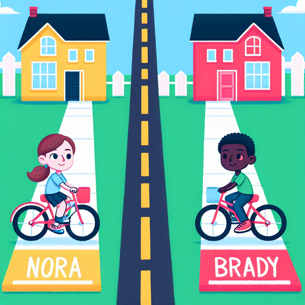 Illustrate a colourful suburban landscape with two distinct paths. One path is portrayed with a Caucasian girl named Nora, casually riding her bicycle, while the remaining path has a Black boy named Brady doing the same. Both paths are the equal length, symbolizing the same block. The two paths start from the same point and go in the same direction, indicating they both travelled the same distance.