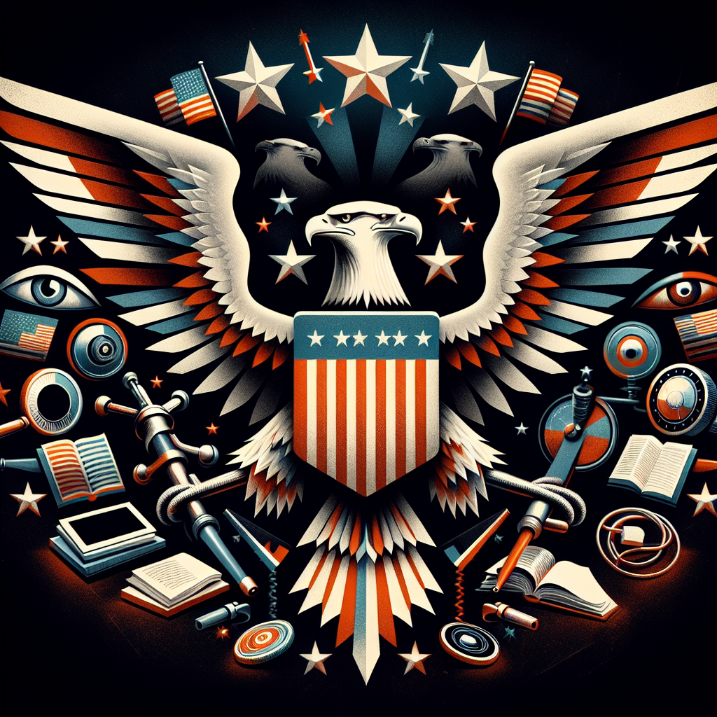 A compelling illustration representing the concept of surveillance, control, and law, with symbolic elements commonly associated with the U.S. like eagles, stars, and stripes, in relevance with the U.S. Patriot Act. The image, however, should not contain any textual components.