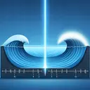 Create a visually appealing and detailed image appropriate for a physics discussion. The image should depict a juxtaposition of two concepts, without any text: On one side, show a beam of light represented as a continuous wave, traveling in a straight line to symbolise the consistent speed and lack of displacement. On the other side, exhibit a representation of a traveling wave such as a water wave, with a clearly visible wavelength and amplitude to signify displacement over distance.