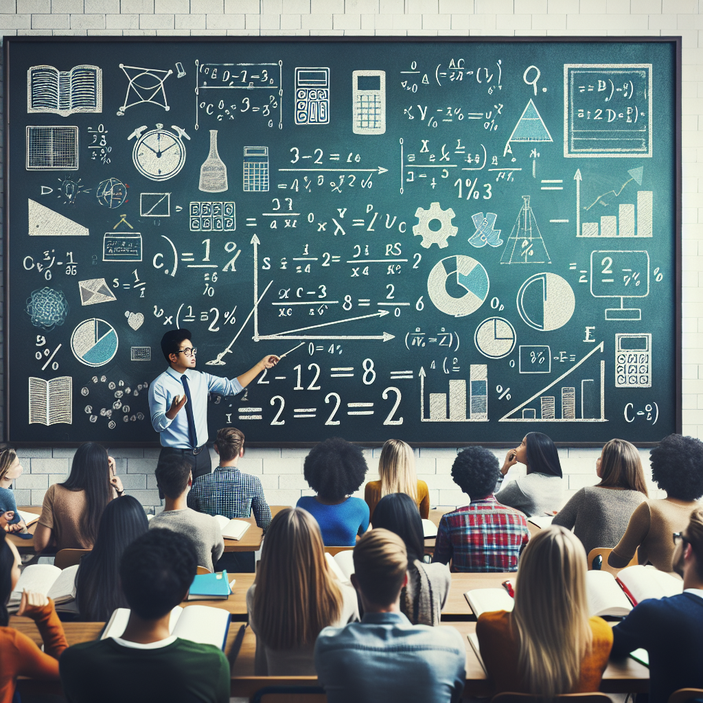An engaging image featuring a school or study setting. The image should depict a diverse group of students, male and female from different descents like Caucasian, Hispanic, Middle Eastern, South Asian, and Black. They're all brainstorming on a complex mathematical problem on a large chalkboard in a brightly lit classroom. The formulas involve calculations typically associated with calculating percentages. There should also be diverse visual cues symbolizing learning like textbooks, rulers, calculators but ensure that the image does not contain any text.