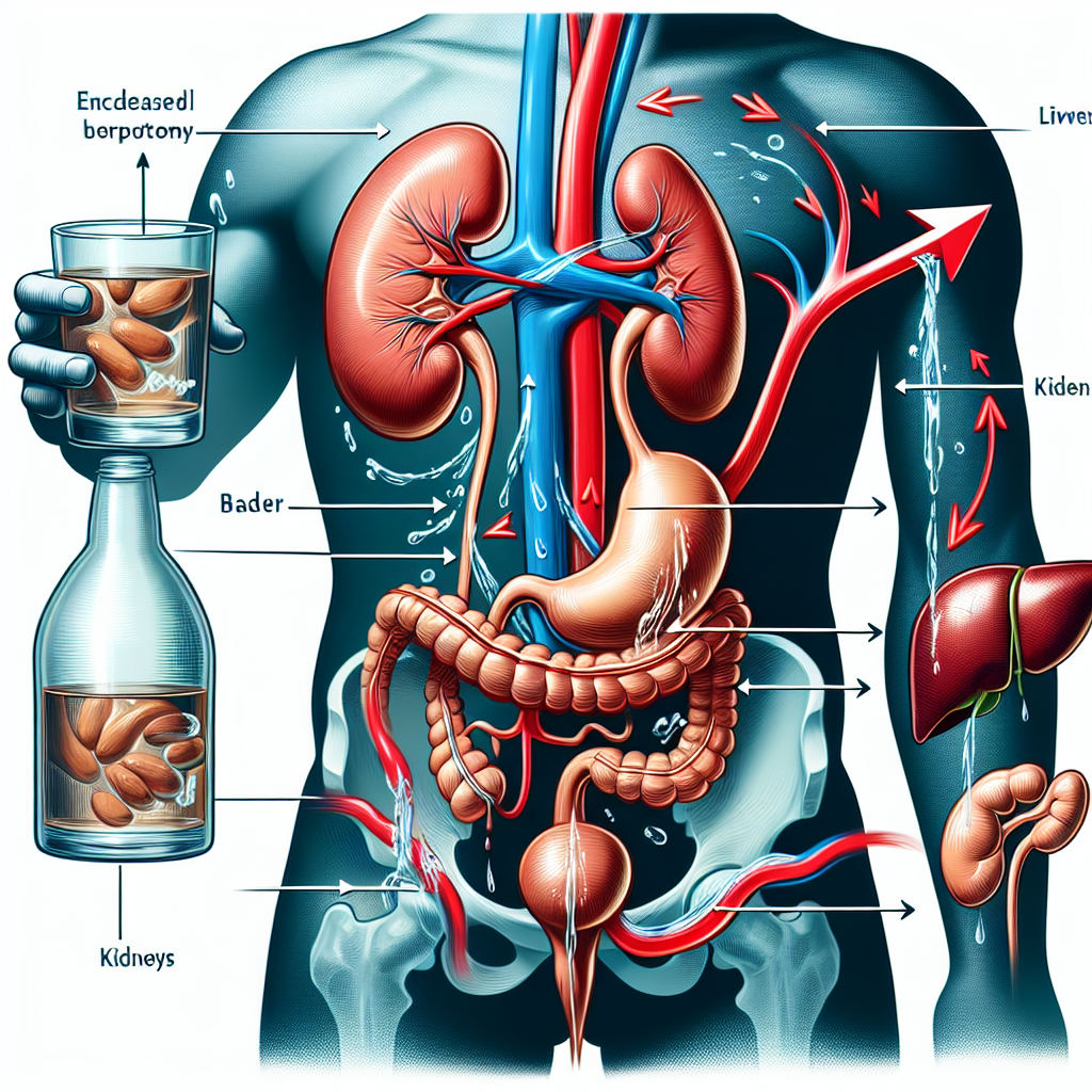 An insightful anatomy-focused illustration showing the effects of alcohol on the human excretory system. The image can showcase vital components such as the kidneys, liver, and bladder. The primary emphasis should be on the increased loss of body water, potentially represented by symbolic elements such as exaggerated arrow symbols indicating water flow. The mood of the image could range from educational, to intriguing, and even a bit humorous to effectively communicate the concept.