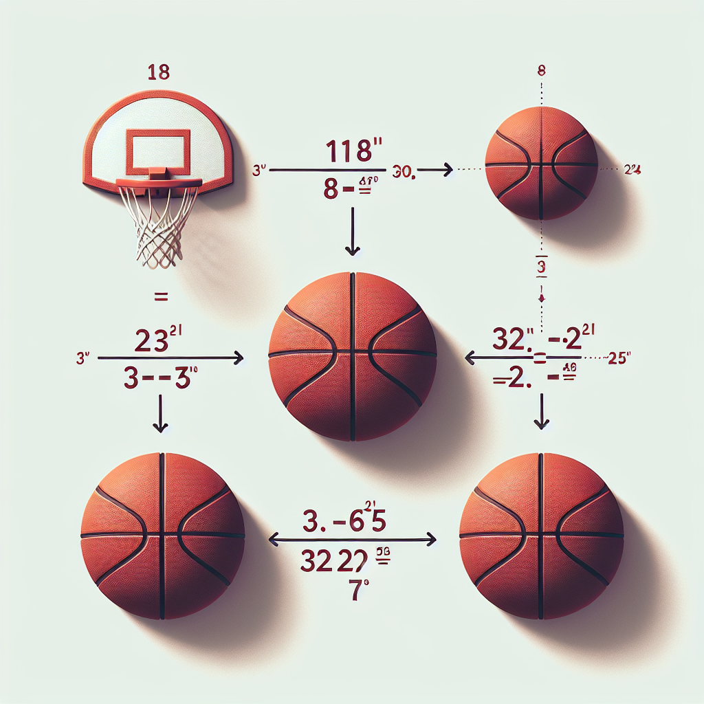 Create a minimalistic and clear educational image showing the process of calculation. The image should show a basketball rim with an 18-inch diameter and a basketball with a 30-inch circumference, both drawn to scale. Centrally, visualize a basketball shot with the ball going exactly in the center of the rim. Beside it, give a step-by-step visualization of the calculation: finding the circumference of the rim, subtracting the circumference of the basketball, and arriving at the distance between the ball and the rim. The visual presentation of math operations is essential. Make sure to ensure accuracy and clarity in demonstrating the process and solution.