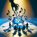Create an abstract image depicting the idea of electronic theft of music. The scene could include symbolic representations such as musical notes being lifted from a computer screen by a phantom hand. The picture could also depict shadows of individuals which represent different entities like singers, songwriters, and executives from a record company. The scene should be imbued with a tone of unease and loss.