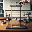An image of a physics laboratory with a diverse set of equipment on wooden tables. The focal point is a simple pendulum hanging from a high stand, made of a metal sphere at the end of a thin wire, with an engraved scale behind it showing its angular displacement. The wire length is marked as 0.510 meters. In the background, a hand is slightly pushing the pendulum from its equilibrium position while the other hand is holding a stopwatch.