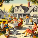 Create an image depicting a positive scene from the 1950s in the United States. The scene should subtly illustrate the increase in productivity and its effects on people's lifestyle. Show a family enjoying their leisure time in a suburban setting, with new appliances and a comfortable home, characteristic of the post-war economic boom. Please remember to avoid including any text in the image.