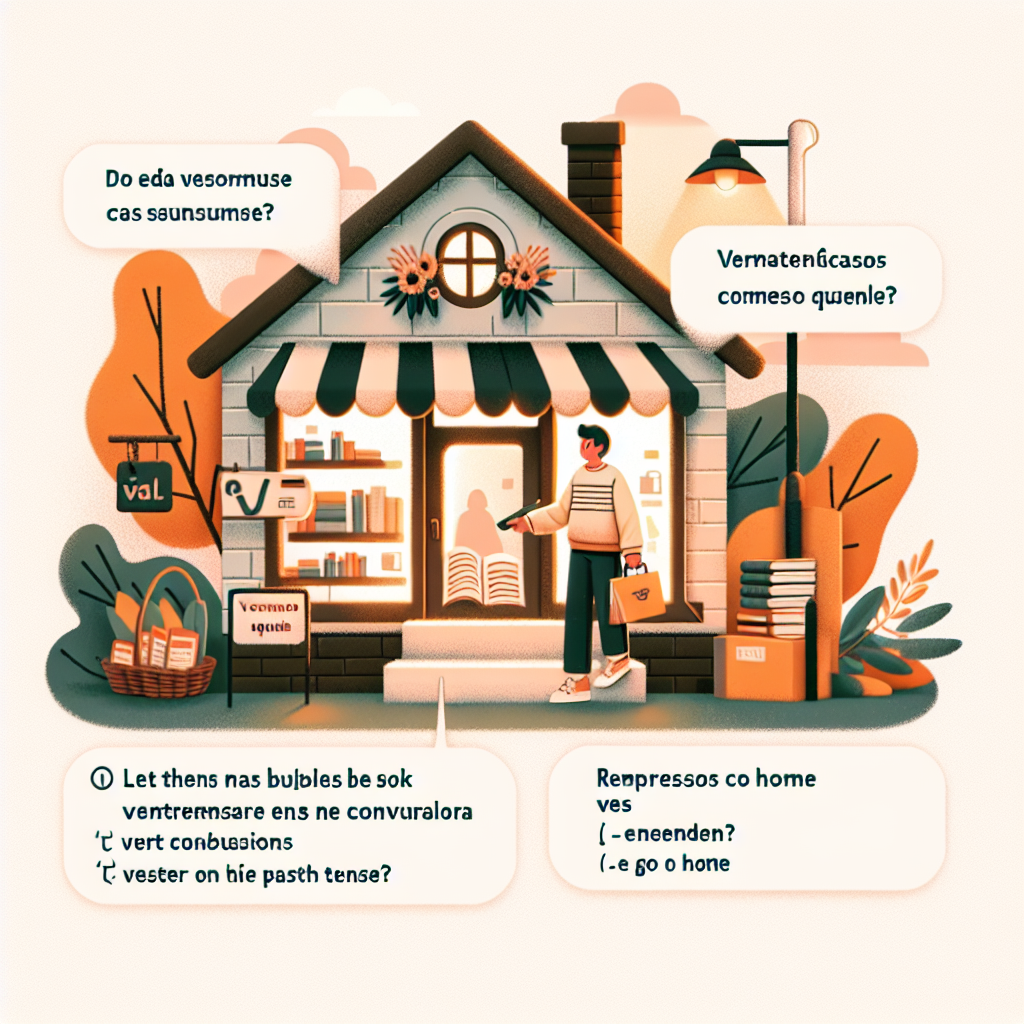 Please create an illustration that complements a Spanish language grammar question. Let the elements in the image reflect the content of the question, which seems to focus on various verb conjugations in the past tense. The scene should depict a person (gender unspecified) buying a book (represented by a book and a transaction taking place), after which they go home (represented by a cozy house). Remember, the image itself should not contain any texts.