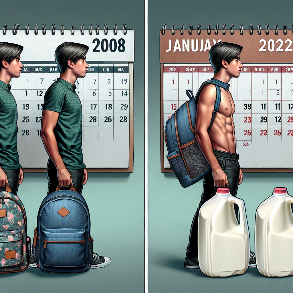Create a compelling image showcasing a young adult in a store, comparing three different backpacks with varying designs and price tags visually apparent. Then, depict a calendar transitioning from January 2008 to January 2012 with a gallon of milk alongside, its price changing from $3.87 to $3.58. Please ensure no additional text appears in the image.