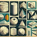Create an image showing a collage of geometric shapes commonly used in the study of geometry, including shapes related to a variety of formulas such as cylinders, prisms, cones, and pyramids. Also, illustrate shapes with their parameters labeled, like radius, edges, vertices, surface area, and volume, to reflect the context of a geometry test. The geometry diagrams include measurements also, paying tribute to the real-world applications of geometry in everyday objects.