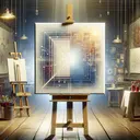 A horizontal image aligned with the center of the painting, capturing a rectangular canvas against a charming focused background. The canvas possesses an intangible quality, illustrating the abstract concept of variable areas through its size and proportions. Beyond the canvas, the setting reflects an immersive art studio, filled with artistic elements such as easels, paint tubes, brushes. However, the scene remains devoid of any text, emphasizing the enigma of algebraic dimensions.