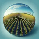 Create an image showing a large, circular maize field under a clear blue sky. The landscape depicted should hint at the immense scale of the field to give viewers a sense of its 400m radius, which is the distance from the center to any point on its edge. The image should not include any text. Please ensure structures like rows and individual maize plants are visible, providing an awe-inspiring view of agricultural mastery at a large scale.