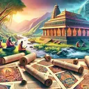 Imagine an ancient scenic landscape of India represented in an illustrative style. The scene includes a large, old, vibrant and intricate temple built with weathered bricks on the riverside. Nearby, in the lush greenery, scholars are seen deeply engrossed in studying detailed texts, their faces illuminated by the soft glow of a setting sun. Also see traditional paper scrolls spread out on a wooden table. These scrolls depict various images symbolizing the rich and diverse knowledge found in the Vedas, including traditional medicine, music, philosophy, and astronomy.