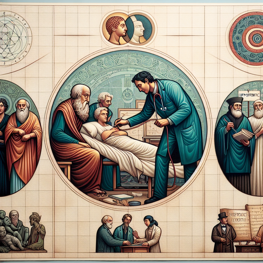 An image showing three distinct sections. The first section represents the Socratic method, visually symbolized by a gathering of individuals in a circle, engaged in thoughtful discussion with one person (suggesting a teacher) guiding the discourse. The second section illustrates the ethos of a medical profession, portrayed as a medical figure examining a patient with care and respect, embodying the principles of the Hippocratic oath. The third section involves three historical figures (a mathematician, a philosopher, and a historian, without specific reference), represented by three different pictorial symbols: a geometry theorem sketch, a philosophy scroll, and a history book.