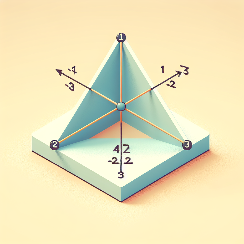 Generate a visually appealing 3D geometry illustration. The scene depicts a three-dimensional cartesian coordinate system with three distinct coordinates representing the vertices of a triangle. The vertices are labeled as 'A', 'B', and 'C'. The point 'A' is located at (-3, 1), point 'C' at (-2,-2), and the variable point 'x' is represented along the z-axis with a flexible position signify its variable nature. There is an indicated right angle at vertex 'A'. The overall color scheme should be soothing and soft.