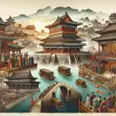 A historical themed image representing China during the era of Emperor Taizong. The scene features glimpse of Chinese bureaucracy, illustrations of ancient halls symbolizing government departments, the grandeur of the Tang Dynasty represented through architecture and traditional clothing, and the mighty Grand Canal. The image is intriguing and deeply historical in nature, with vibrant colors and elements of Chinese culture spread throughout, but it contains no text.