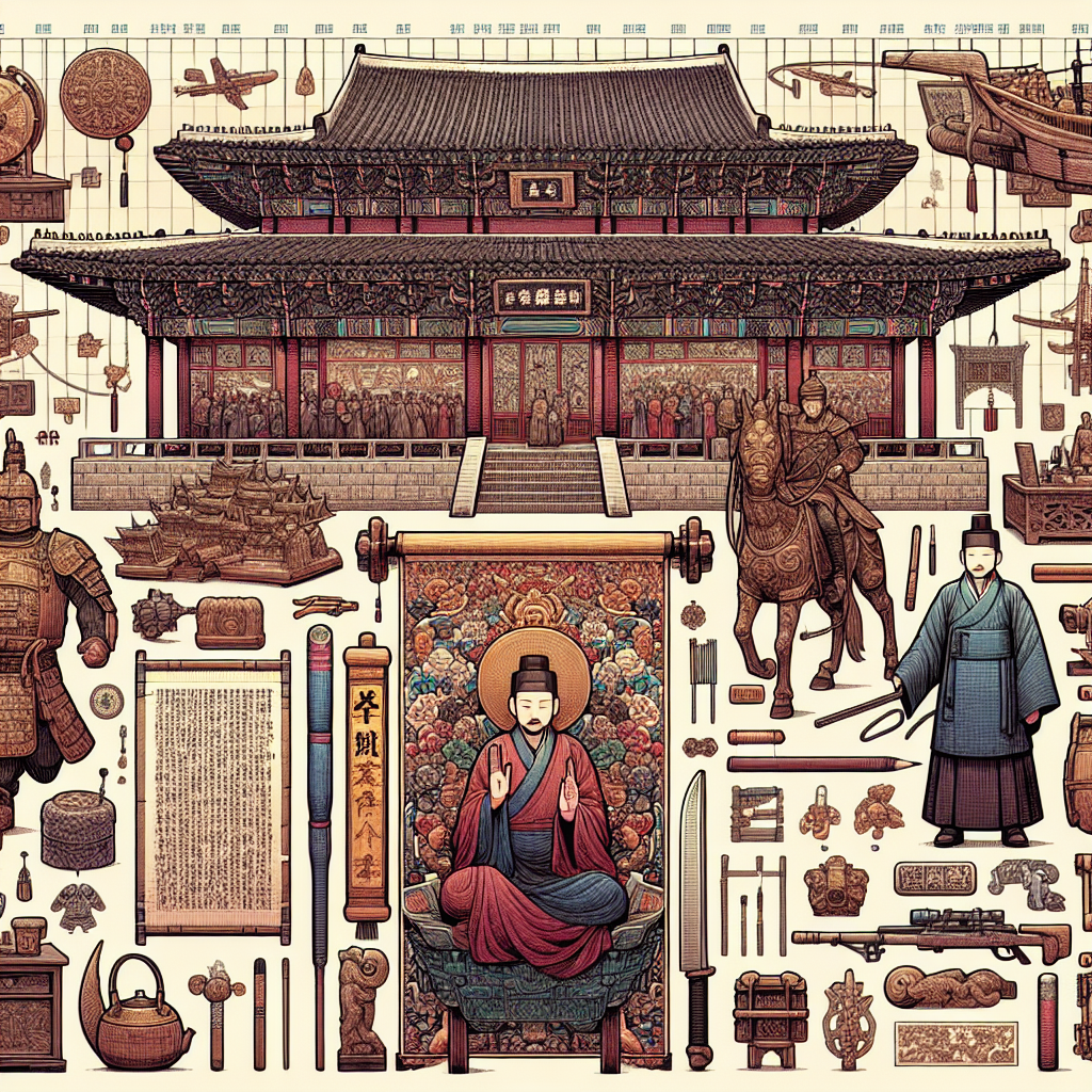 Generate a detailed image representing the influence of Chinese culture in Korea during the period of the Three Kingdoms. Include elements such as a Buddhist monk indicative of a signal to represent travel, implied military encroachments with symbolic armor and weapons, artistic tools and pieces indicating the introduction of Chinese art and technology, and a scroll or tablet standing for the Chinese writing system. Illustrate these distinct elements in the backdrop of a historically Korean architecture to signify the era. The image should not contain any text.