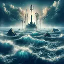 Create a symbolic and thought-provoking image illustrating the importance of Poseidon, God of the Sea in Greek mythology, within an educational context. Picture a vast, raging sea as a backdrop, representing the body of knowledge to be explored. The sea could possess distinct landmarks and symbols, such as a towering lighthouse symbolizing guidance, islands symbolizing potential topics of focus, and undersea currents indicating difficulties. Poseidon himself could be depicted far in the distance, shrouded in mystery, holding his unique trident, emphasizing his significant role. The environment should be compelling and engaging, without any visible text.