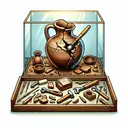 Illustrate a carefully composed scene that signifies the restoration and preservation of a broken pottery vessel. The image should exhibit a fragmented, archaic ceramic pot on a wooden table, surrounded with specialized tools that signify restoration work. On one side, visualize a glass display case awaiting the completed restoration. Exclude any textual components and ensure that the scene looks charming and informative but does not expressly denote the methods mentioned in the question.