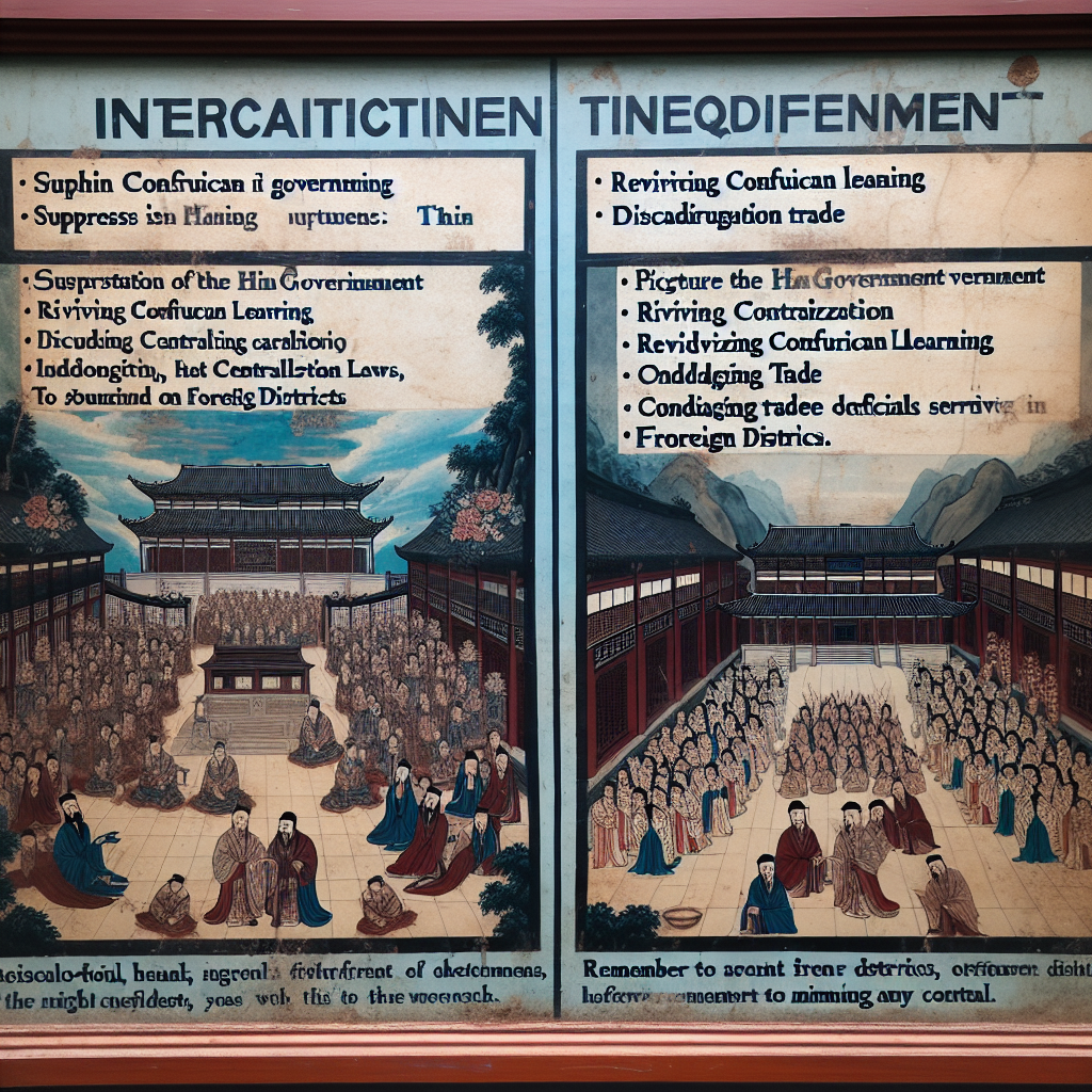 An intriguing scene showing the differences between the Han and Qin governments. On one side visualize a representation of the Qin government suppressing Confucian learning, suggesting centralization and discouraging trade. On the other, picture the Han government reviving Confucian learning, imposing harsher laws, encouraging trade, as well as officials serving in foreign districts. Remember to omit any textual content.