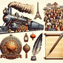 An image showing the key concepts of imperial and colonial era. A vintage European steam locomotive to represent the industrial revolution, a group of diverse, culturally rich people representing the belief in their superior culture and religion. A symbolic representation of the China in form of an old-fashioned, beautifully crafted Chinese teapot as an element from their trade. Lastly, a parchment scroll and quill to symbolize nation-state formation, perhaps next to symbols of France and America like the Eiffel Tower and the Statue of Liberty.