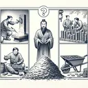 Show an ancient Chinese themed image displaying significant elements related to the downfall of the Zhou dynasty. On the left, include an individual working with iron, using a traditional Chinese anvil and tools. On the right, depict another person carefully stacking coins in a rustic container. Separate these two scenarios with a mound of earth where a wheelbarrow is half submerged. Above these three scenes, draw an airy depiction of a thinker, signifying the philosophical realm of Confucianism. Remember to create the image without including any text.