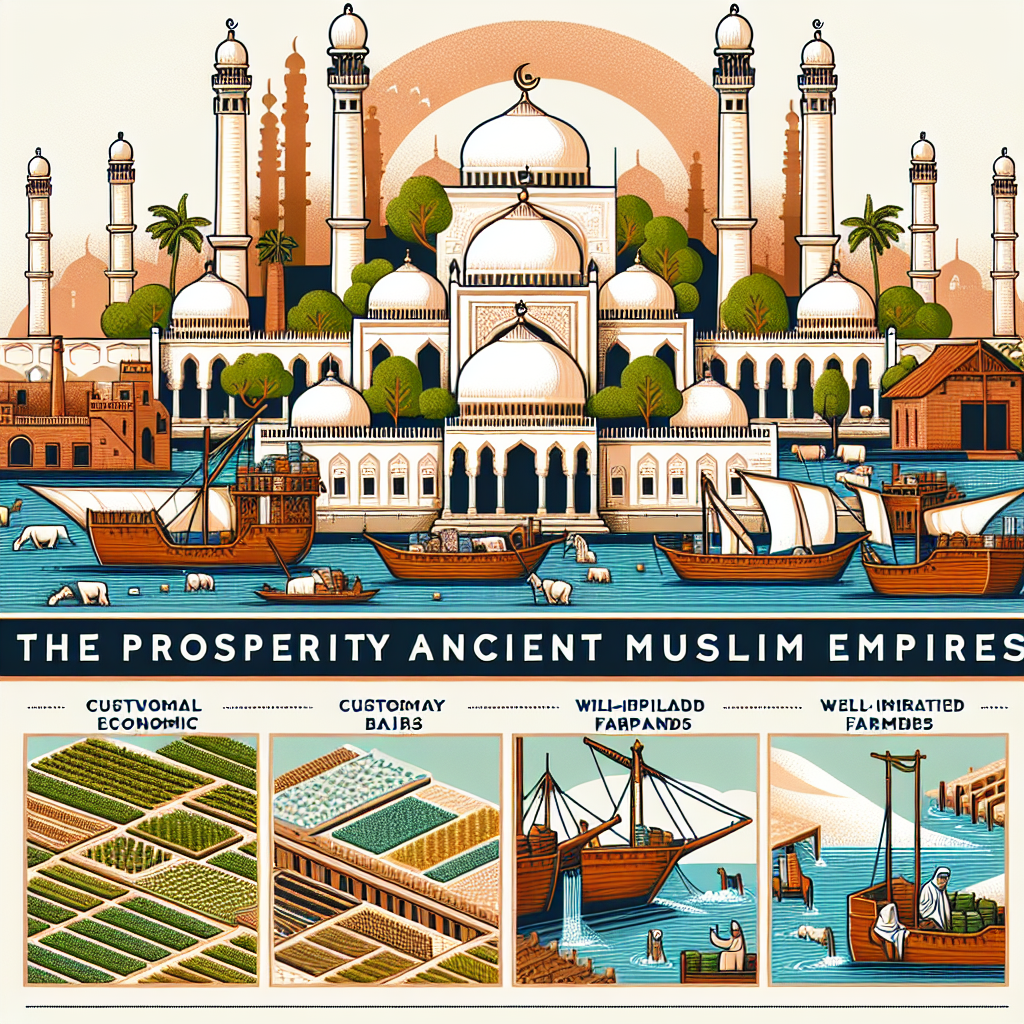 An appealing illustration showcasing the prosperity of ancient Muslim empires. This should refer to customary economic activities such as bustling bazaars with merchants, busy ports filled with ships loaded with goods, intricate architecture displaying the wealth of the empire, and well-irrigated farmlands. These indicators should symbolically represent the factors that contributed to the prosperity of these empires. Please ensure the image contains no textual elements.