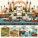 An appealing illustration showcasing the prosperity of ancient Muslim empires. This should refer to customary economic activities such as bustling bazaars with merchants, busy ports filled with ships loaded with goods, intricate architecture displaying the wealth of the empire, and well-irrigated farmlands. These indicators should symbolically represent the factors that contributed to the prosperity of these empires. Please ensure the image contains no textual elements.