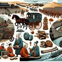 An image that depicts the diverse elements mentioned in the multi-faceted questions. Illustration of an ancient China era, depicting carriages with different axle lengths, a constructed Great Wall and the marching Zhou army. Additionally, an elder figure teaching young students, a glimpse of oracle bones and the depiction of metal workers mastering iron. Also, include other elements like the river valley with wind blowing from the desert, water acting like life force and the dealings in Zhou court in the backdrop.