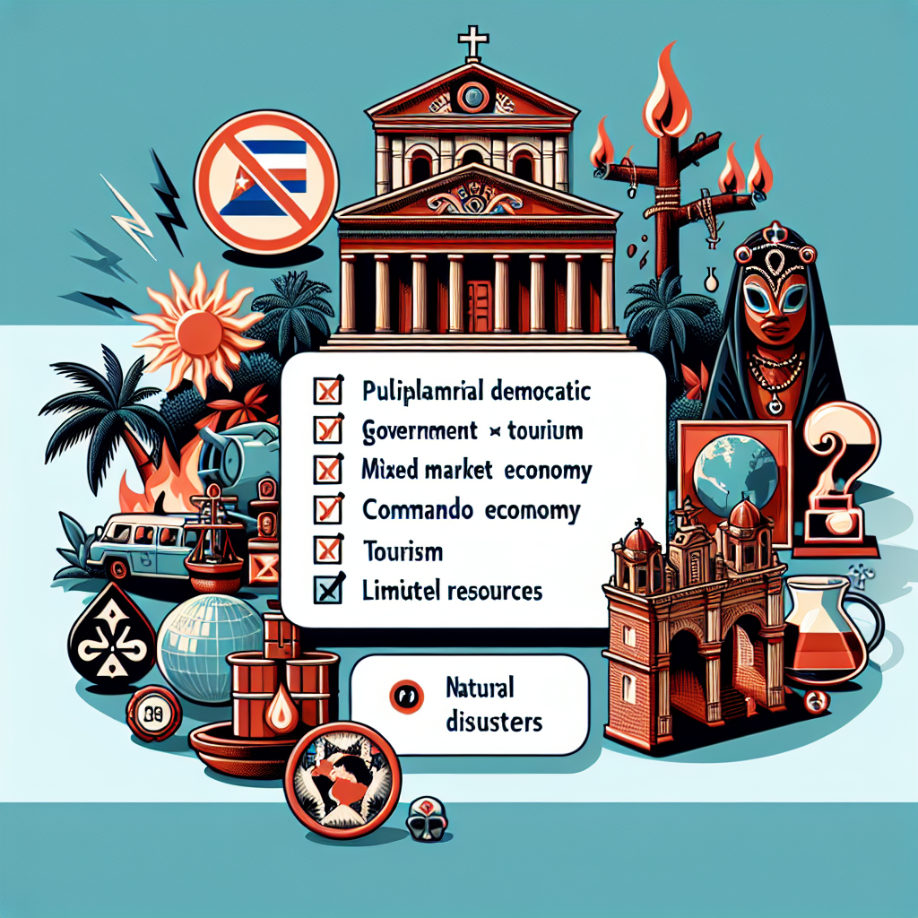 A scene depicting elements related to multiple choice educational questions about the Caribbean region. The scene could include a drop-down menu symbol, icons representing Santería and Vodou religious artefacts (no deity or god representation). Moreover, symbols of a parliamentary democratic government, mixed market economy, a tourism symbol, and a representation of Cuba encompassing the concept of a command economy and a note of limited natural resources should be present. Lastly, visualize natural disasters that occur in the Caribbean region: earthquakes, volcanic eruptions, and hurricanes. Ensure no direct text or characters in the scene.
