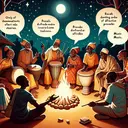 Illustrate an image focusing on demonstrating key elements of Africa's rich cultural heritage. Include elements of oral traditions, such as a group of different descent elders telling stories around a fire under a starlit sky. Depict proverbs by showing some symbolic objects reflecting popular African proverbs. And for music, represent this with traditional African musical instruments like the Djembe drum and the Kora (a stringed instrument), being played by a diverse group of individuals in a harmonious setting. The people should not be displaying any text or conversation bubbles.