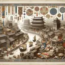 Create a lavish image representative of ancient Chinese culture and trade. Take inspirations from the Tang Dynasty era, portraying perhaps a bustling market scene with merchants and traders, detailed with traditional Chinese elements like silk fabrics, pottery, and scrolls. Also, depict a section of the Silk Road branching off from the city, indicating the city's strategic location. By blending these elements seamlessly, the scene should convey the richness and complexity of this capital city. However, ensure the image contains no text or writings of any kind.