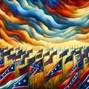 Create an image depicting an abstract concept of a divided and unorganized confederacy, with multiple flags each representing a separate state, waving in different directions, under a sky painted with tones of uncertainty. Capture the difficulty of a central command structure in maintaining unity. Do not include any text in the image.