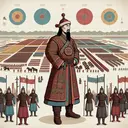 Illustrative image of Genghis Khan, historically prominent Mongolian military leader. Visualize him in his traditional Mongolian attire, standing in front of an array of meticulously arranged Mongolian soldiers indicating an efficient fighting force. Provide a background to represent the vast Mongol Empire stretching under his rule. Add elements to represent the four different yet united military districts, demonstrating their connection and coherence. Do not include any identifiable individual or text.