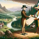 Visualize an early 19th-century scene showing an American settler receiving a large scroll, symbolizing a land grant, from a Mexican official dressed in traditional clothes of the period. Around them, the Mexican territory landscape is visible with dense green forests, flowing rivers and rugged mountains. Please note that the image should exclude any text.