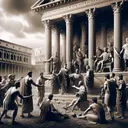 Create a image that represents the historical incident of the Romans forming a republic. Visualize it as a dramatized scene with Romans in traditional attire such as togas, engaged in passionate talks under the shadow of monumental Roman architecture. Please note, the image should not contain any written text.