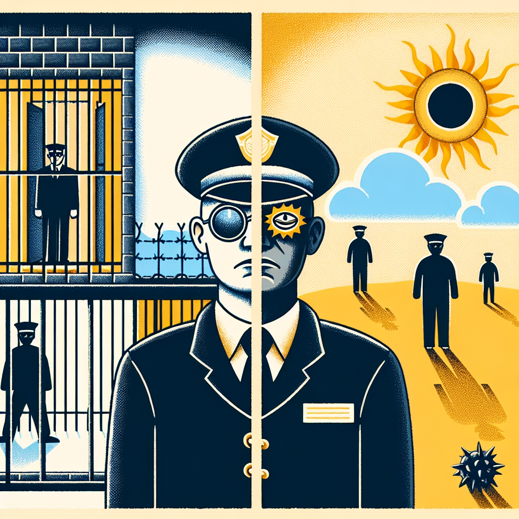 Create an imagery depicting a contrast between a prison scene and the outside world, symbolizing the difference between captivity and freedom. The prison should be dark and oppressive with a guard wearing glasses featuring prominently. The outside should be sunny and inviting. Secondly, illustrate a character who is hostile and appears to be an antagonist in his demeanor. He should stand separate, symbolizing his role as a 'different' entity in the plot. Indicate all these elements without any text.