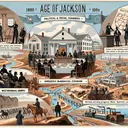 Visualize an 1800s scene illustrating the political and social changes during the era known as the 'Age of Jackson.' Include symbolic elements such as people debating policies in a town meeting, factories symbolizing industrial growth, and westward-moving pioneers. Also depict maps, railroads, and canals to indicate geographical expansion. Please ensure there is no text included in the illustration.