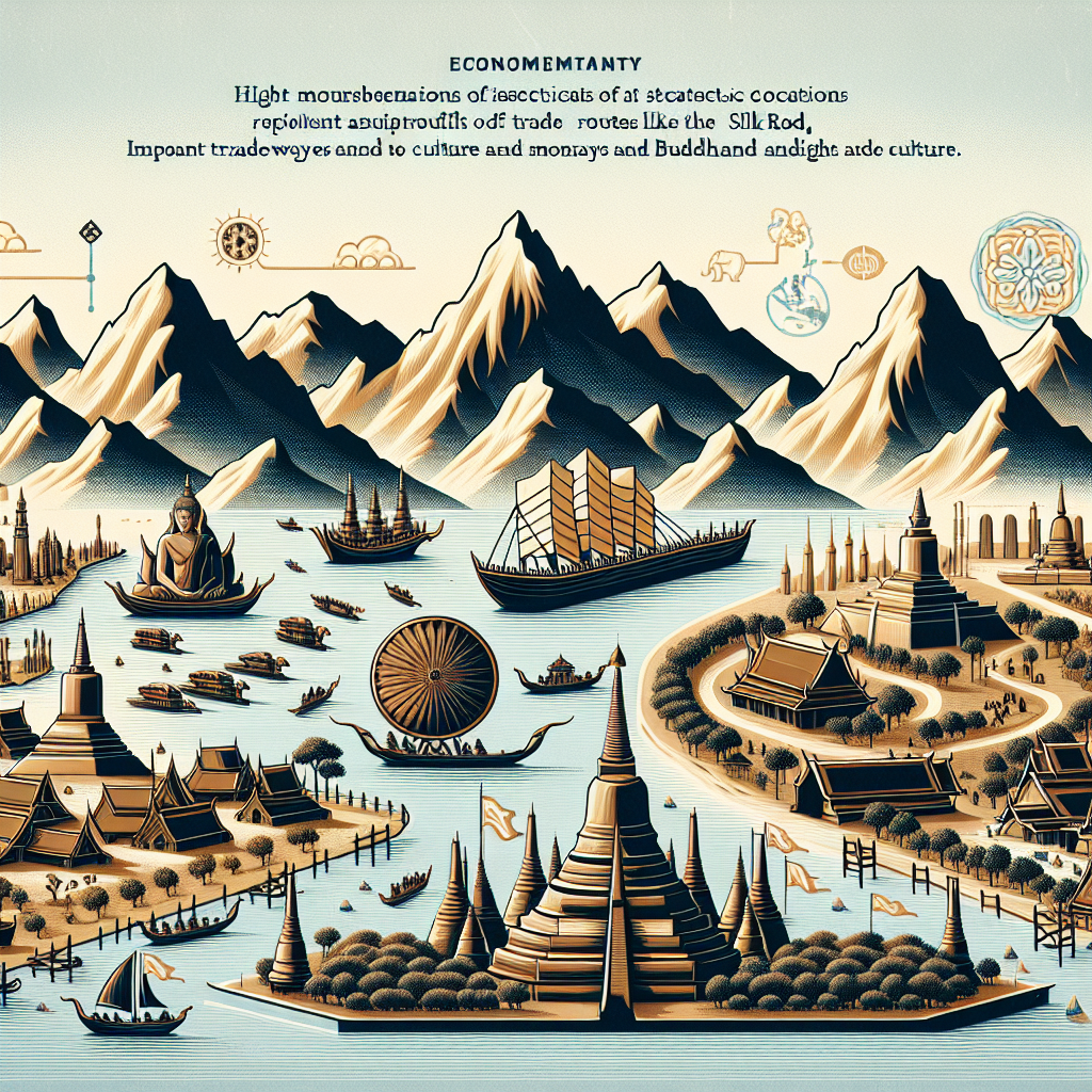 Create an image depicting aspects of Southeast Asia's geography relevant to its economic development. The representation should include high mountains, symbolic representations of strategic locations along trade routes like the Silk Road, important waterways and rich trade routes. Additionally, include cues to an influx of Buddhist culture through symbols like monks and temples. No textual content should be present in the image.