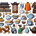Illustrate an image depicting various elements of Chinese culture that have spread throughout the world. Include examples such as Chinese food with recognizable fried rice and dumplings, traditional clothing like Hanfu, Chinese tea ceremony with teapot and teacups, and symbols like dragon and Kung Fu practitioners.