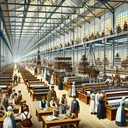 Visualize an image related to textile industry during the industrial revolution. The scene should depict a vast factory interior with compartments, each containing looms and spinning machines. Focus on illustrating the processes of spinning and weaving happening in the same location. Also, show diverse factory workers of both genders, from various descents like Hispanic, Caucasian, Black, Middle-Eastern, South Asian. Remember, the image should not contain any text.