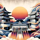 Create an abstract metaphorical representation. Show a traditional Japanese court scene with the imperial family in classical attire. Nearby, a rising sun is breaking through the clouds, symbolizing the rise of a powerful group. The family members should be abstract figures, so they are representing the overall power dynamics, not specific individuals. The buildings are inspired by prominent architectural styles of the Heian period in Japan. The atmosphere should be serene and majestic.