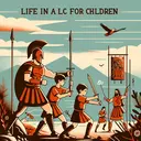 Create an image that depicts life in ancient Sparta for children. Include features like a rugged landscape, children undergoing physical training, and a Spartan youth practicing with a wooden sword, emphasizing the elements of discipline and endurance often associated with Spartan life. Please ensure that the image does not contain any text.