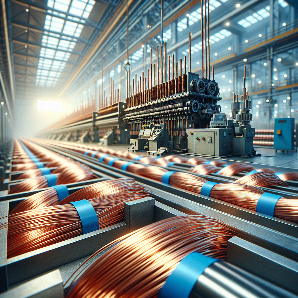 An image depicting a factory focused on the production of copper wires. Some of these wires are marked with a distinct blue color. The factory operates to cut these wires into different pieces, each of varying lengths. The image should instill a sense of industrial purpose, with machines diligently working. The copper wires themselves are shiny and new, and the blue mark is noticeably prominent. The lengths cut should visually vary, demonstrating the independence of pieces' lengths.