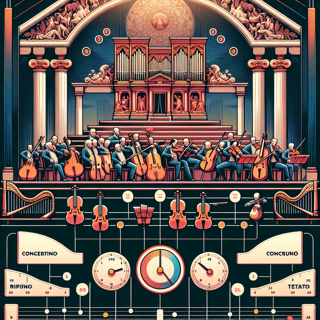 Create a visually appealing image that represents the underlying concepts of a Baroque concerto. In the image, there should be four distinct elements: first, an ensemble of instruments signifying the 'concertino', the 'continuo', and the 'ripieno' groupings in a concerto grosso. The image should depict discrepancy in the size of these groups, with 'ripieno' being the largest. Secondly, depict a tempo pattern commonly used in a Baroque concerto, perhaps through a metronome showing fast-slow-fast tempo pattern. Thirdly, envision an illustration of a single instrument dominating the scene, representing a cadenza, a solo passage played by one instrument. Lastly, represent the concept of a 'continuo', perhaps illustrated through bass instruments and a keyboard instrument supporting others. The image should avoid any presence of text.
