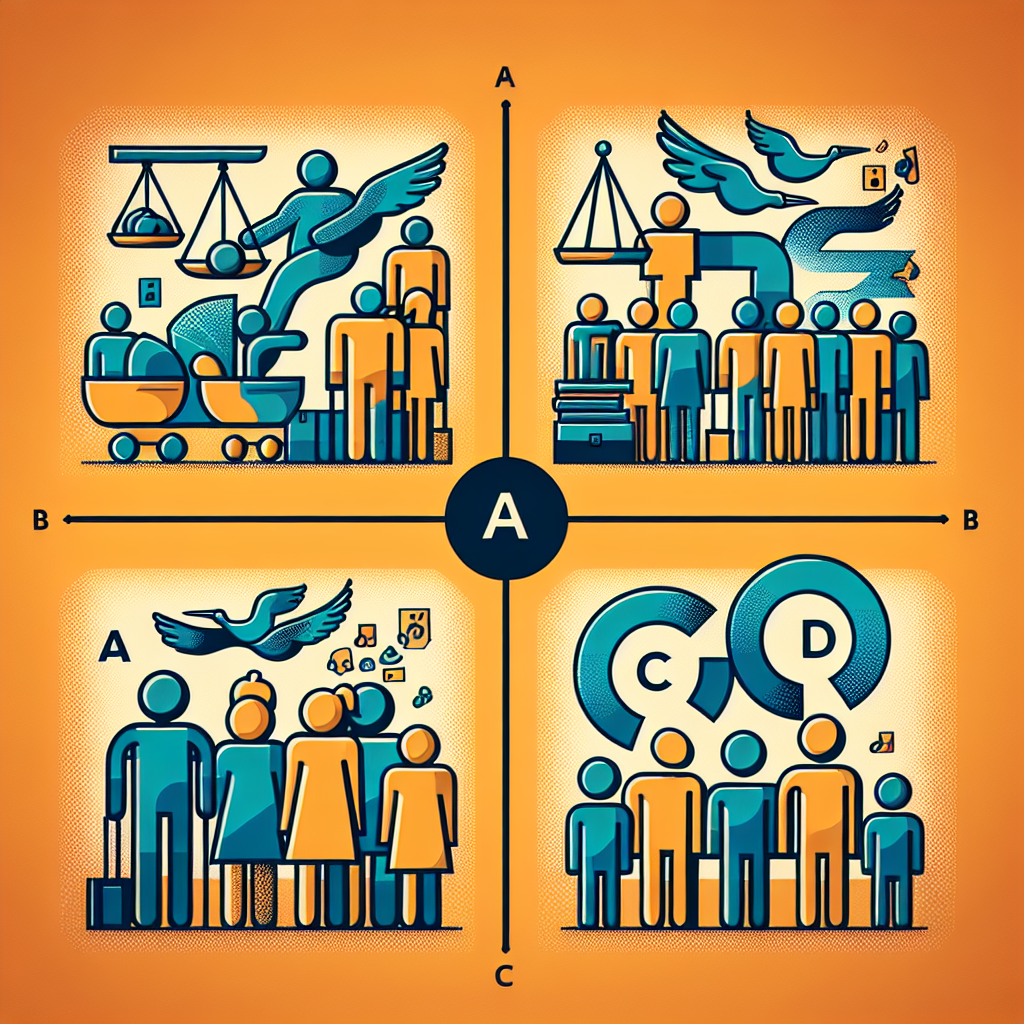 Create an image that visually symbolizes Europe's demographic challenges. The concept should factor in four visually distinct sections corresponding to the four choices A, B, C and D. For part A, include symbols indicating an elderly population and declining numbers. For part B, have symbols that typically indicate a baby boom such as baby icons or storks. For part C, show symbols of scales or weights representing an unequal distribution between genders. For part D, visualize a large group of students moving through a stylized representation of a school system. Ensure that no text is included in the image.