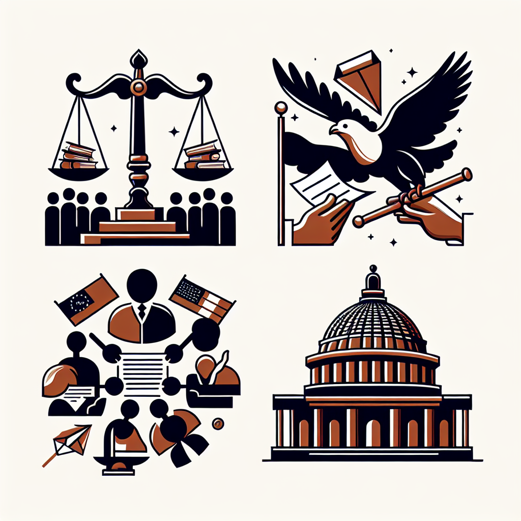 Create a symbolic image that represents the four Constitutional principles mentioned: Separation of powers, Consent of the governed, Freedom of Speech and a Bicameral legislature. The image should include a balanced scale as a symbol of separation of powers, a group of diverse people holding an agreement to illustrate the consent of the governed, a flying bird with a paper scroll in its beak as a symbol of freedom of speech, and a two-sectioned dome-shaped building representing a bicameral legislature. Ensure the image contains no text.