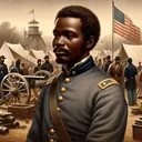 An image depicting the state of the Union army during the American Civil War, showing an African American soldier prominently. He is dressed in the uniform of the time, standing in front of a Union army camp filled with tents, cannons, and other soldiers. His face carries a thoughtful, strong expression, reflecting the struggle he might be facing regarding unequal treatment. Please note that the image should contain no text to answer any questions related to the prompt.