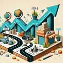 An image that represents the concept of economic growth and the challenges it faces. It should show a graph with an upward, but sluggish, trend to symbolize the struggling pace of growth. There should be elements like roads with cracks and potholes for poor infrastructure; closed shops or factories for a command economy; a stack of small coins to represent microlending; and a globe with arrows going out of India to represent outsourcing. Ensure there's no text in the image.
