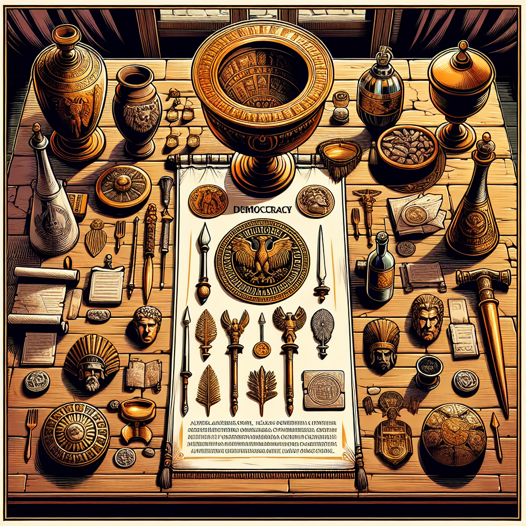 Create an image representing a table laden with Roman artifacts, with clear symbols of democracy such as a voting urn and a scroll, representing the assemblies of citizens and their ability to pass laws. Also, include two distinct emblems, representing the powers of the consuls. The setting should reflect the era of the Roman Republic. Do not include any text in the image.